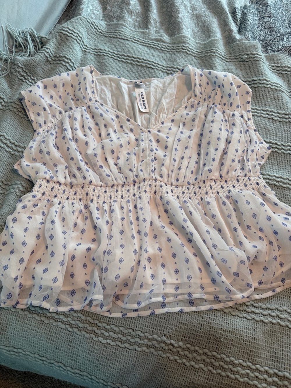 Old Navy White Blouse with Blue Diamond Print